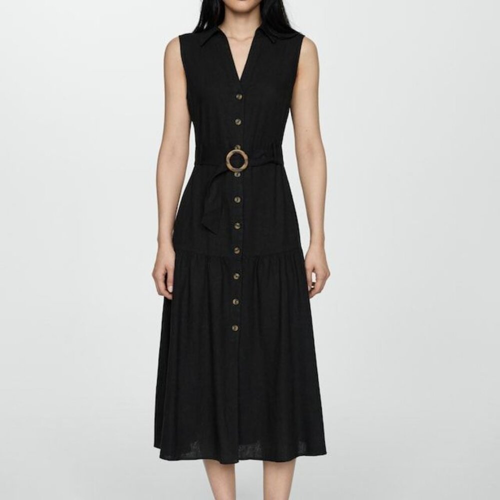Linen Mango Midi Button Down Tie Front Black Dress